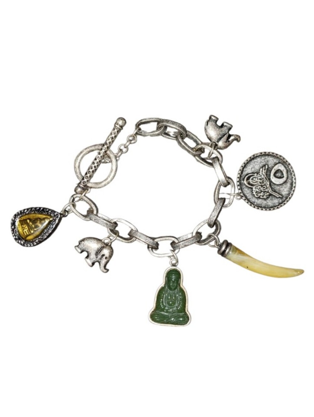 Vintage Silver Tone Eastern Inspired Buddha Elephant Charm Bracelet